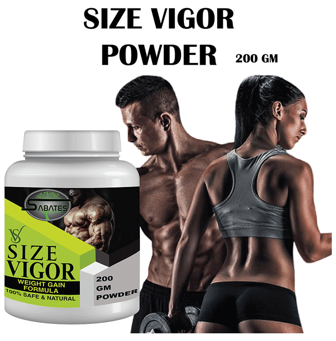 Sabates Vigour Weight Gain Formula powder in a health drink container, designed to support healthy weight gain and vitality.