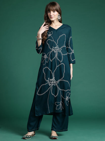 Indyancart IE Floral Embroidered Regular Thread Work Kurta with Palazzos