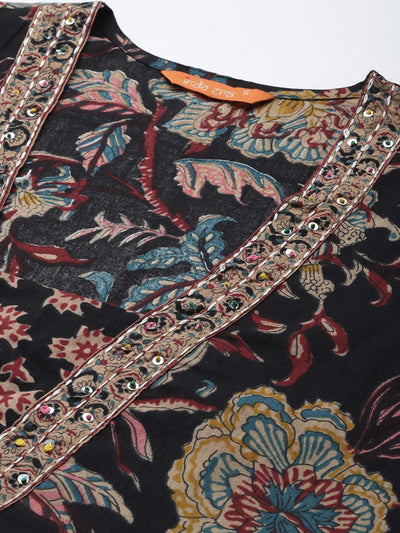 Indyancart IE Floral Printed Sequinned Pure Cotton Kurta With Trousers & Dupatta