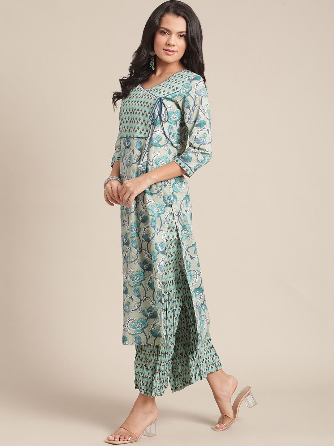 Indyancart VA Women's Turquoise Blue Floral Printed Regular Pure Cotton Kurta with Palazzos