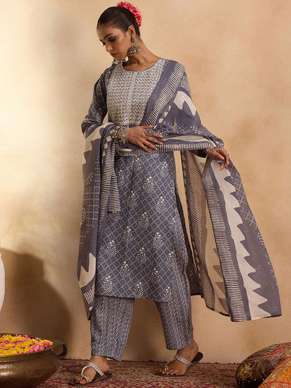 Indyancart IE Floral Printed Pure Cotton Straight Kurta with Trousers & Dupatta