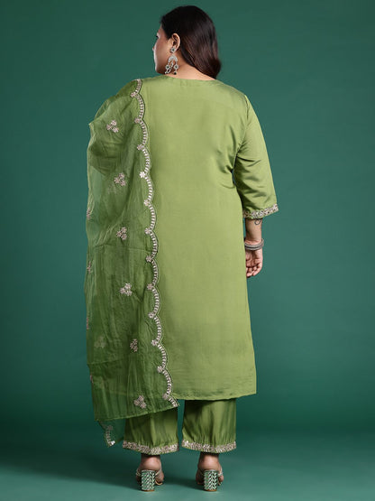 Indyancart Women's Plus Size Floral Embroidered Gotta Patti Kurta with Trousers & With Dupatta