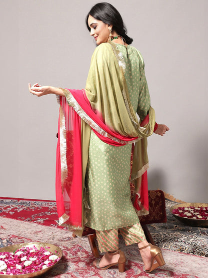 Indyancart VA Women's Green Leheriya Embroidered Mirror Work Kurta with Trousers & With Dupatta