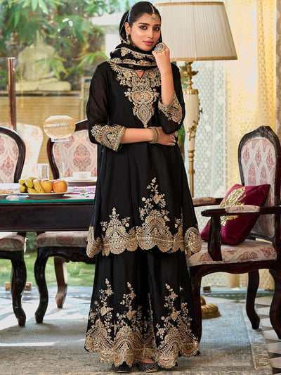 Indyancart IE Floral Embroidered Sequinned Chinon A-Line Kurta With Palazzos & Dupatta