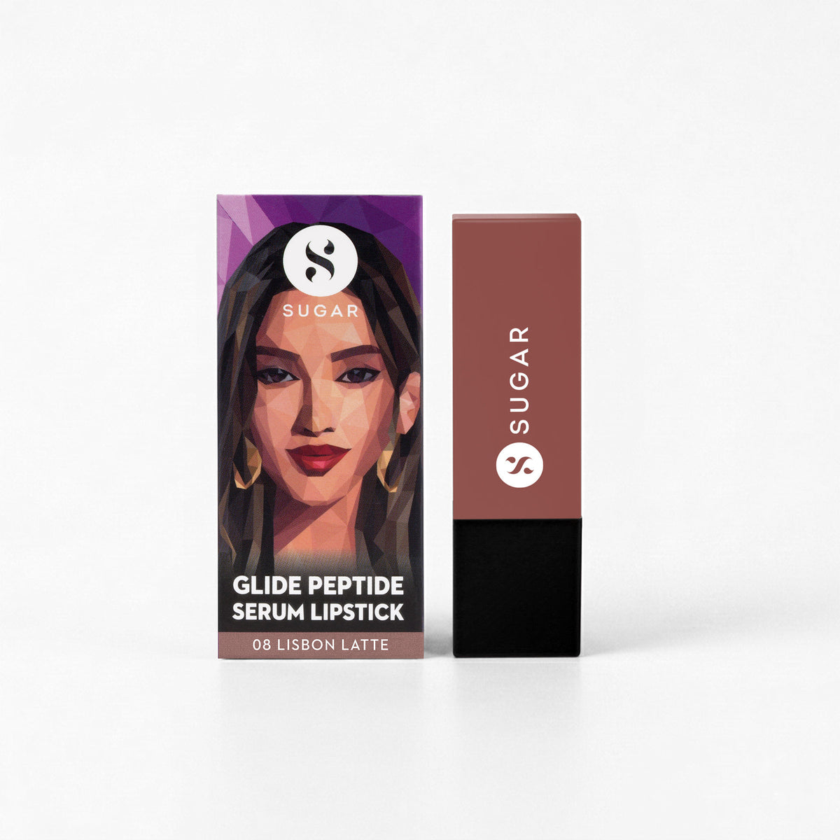 SUGAR Glide Peptide Serum Lipstick in shade Lisbon Latte, a velvet matte lipstick with HA and vitamin E, shown in close-up.