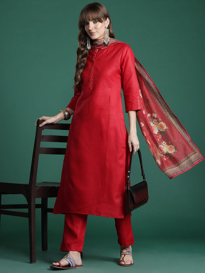 Ethnic Motifs Yoke Design Thread Work Kurta with Trousers & With Dupatta