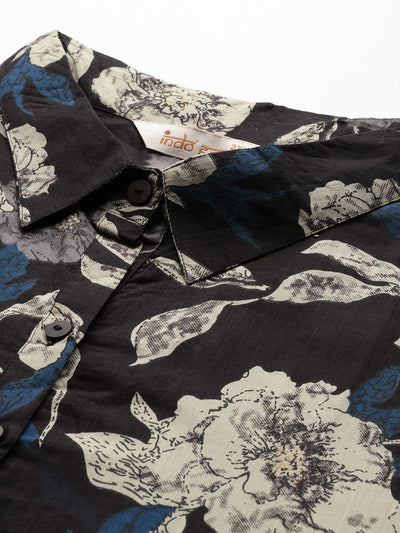 Indyancart IE Plus Size Floral Printed Fusion Pure Cotton Kurta with Trousers