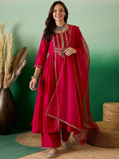 Indyancart SN Women's Red Ethnic Embroidered Zari Sequined Pleated Straight Kurta With Trouser & Dupatta