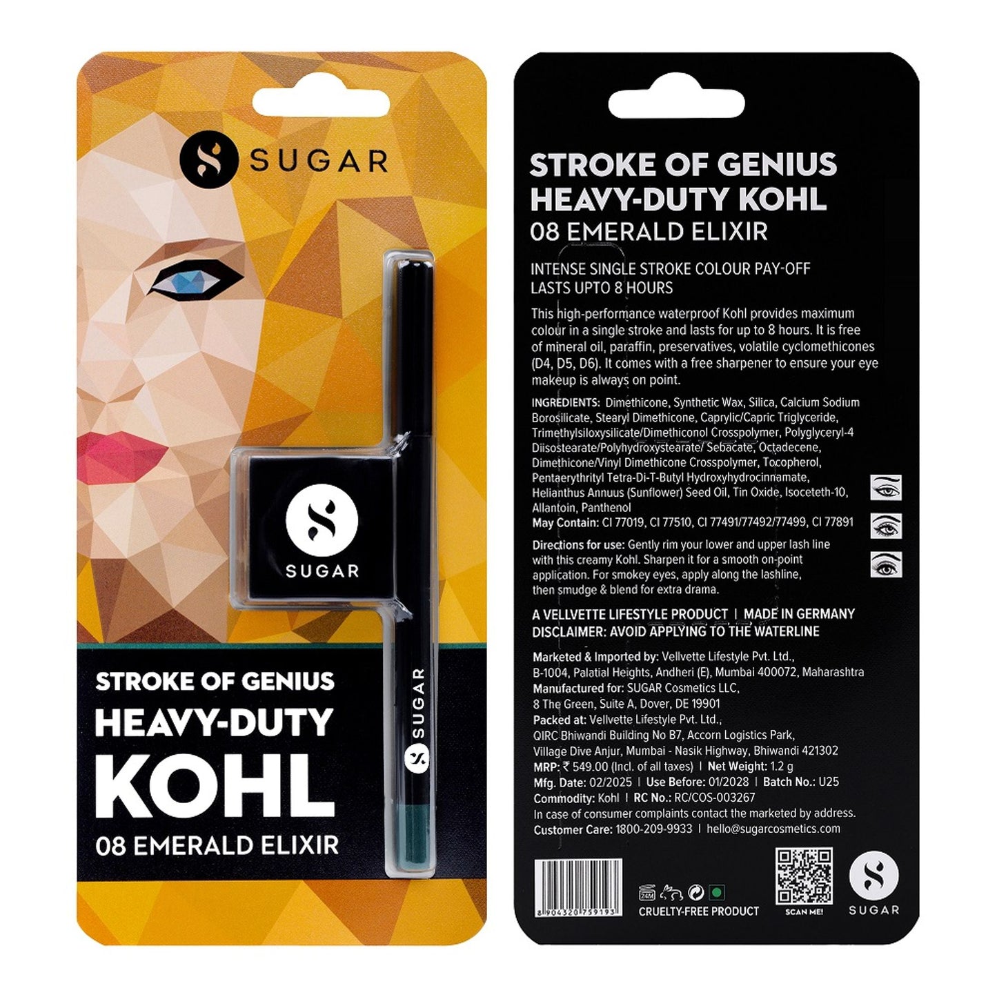 SUGAR Stroke Of Genius Heavy Duty Kohl With Free Sharpener - 01 Back To Black - 08 Emerald Elixir