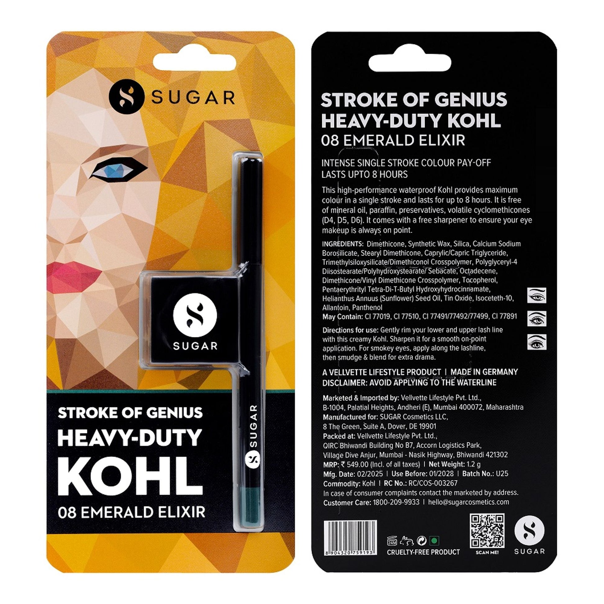 SUGAR Stroke Of Genius Heavy Duty Kohl With Free Sharpener - 01 Back To Black - 08 Emerald Elixir
