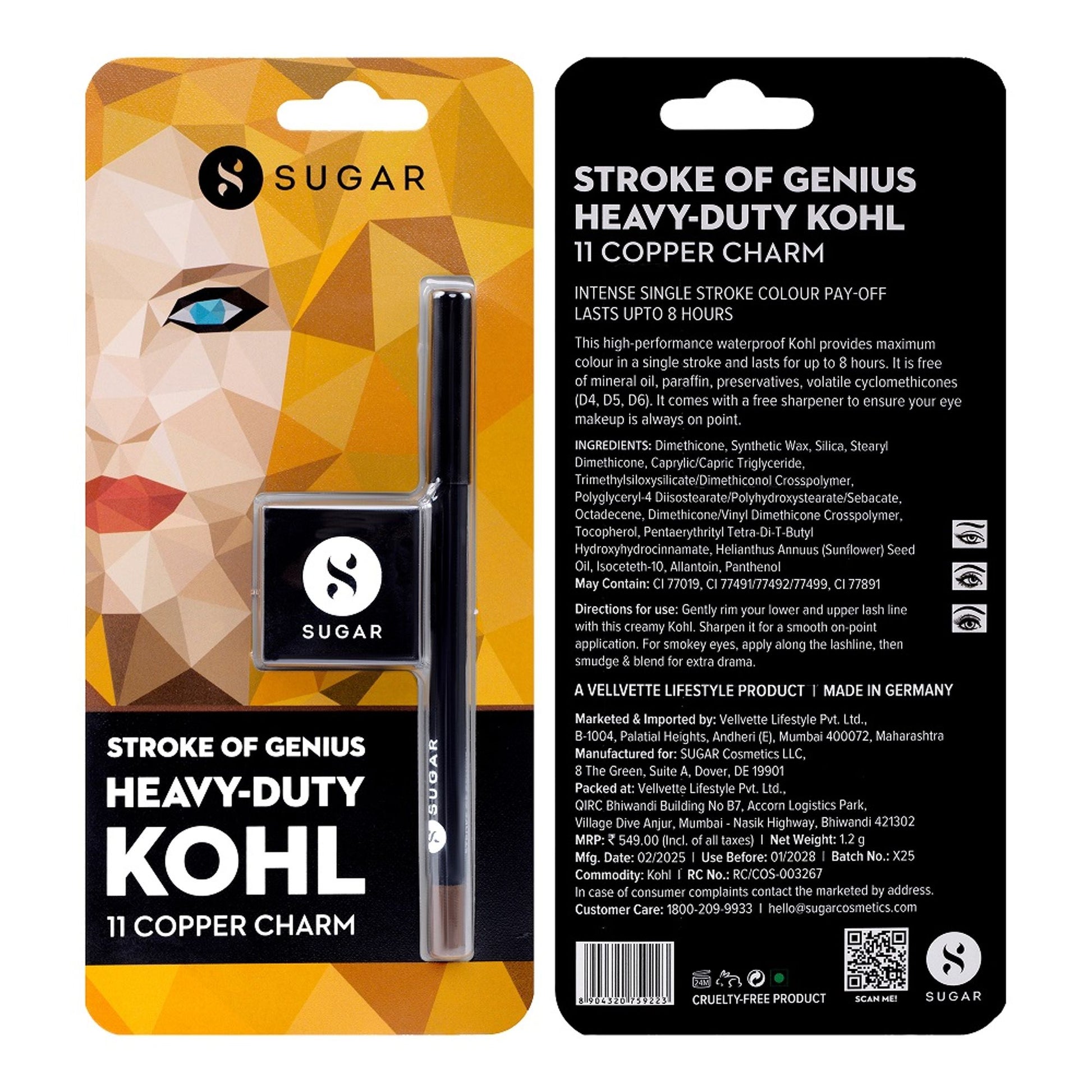 SUGAR Stroke Of Genius Heavy Duty Kohl With Free Sharpener - 01 Back To Black - 11 Copper Charm