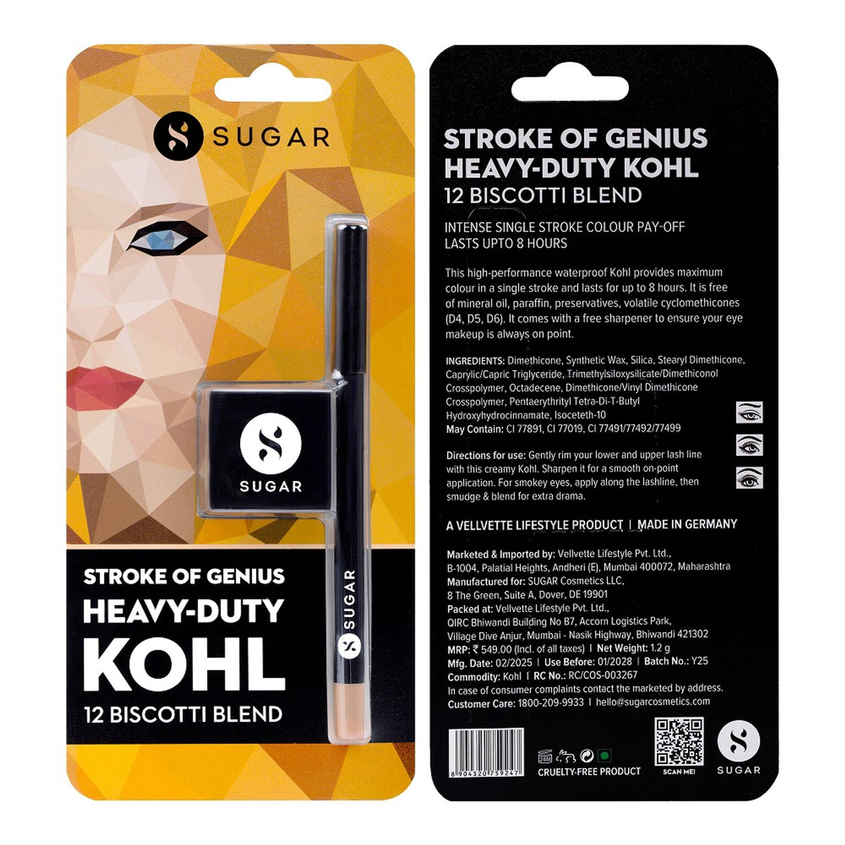 SUGAR Stroke Of Genius heavy duty kohl eyeliner in Biscotti blend with free sharpener, featuring a smooth, richly pigmented pencil.