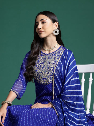 Indyancart IE Women Leheriya Printed Regular Kurta With Trousers & Dupatta
