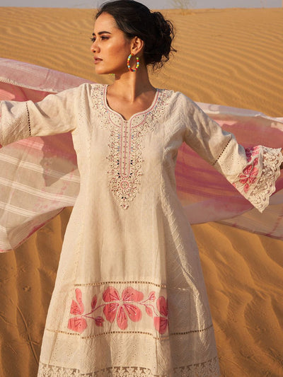 Dhiyona IE Floral Embroidered Mirror Work Panelled Pure Cotton Kurta With Palazzos & Dupatta