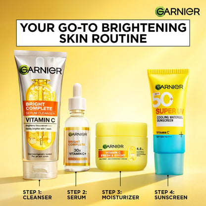 Garnier Fresh & Bright Vitamin C Sorbet moisturizer with hyaluronic acid and niacinamide, featuring a vibrant, refreshing gel texture.