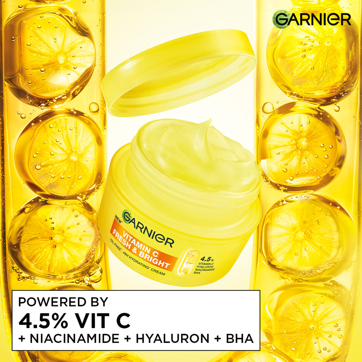 Garnier Fresh & Bright Vitamin C Sorbet Moisturizer with hyaluronic acid and niacinamide, lightweight hydrating face cream.