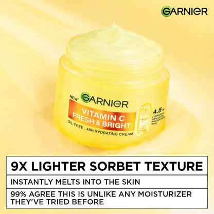 Garnier Fresh & Bright Vitamin C Sorbet moisturizer with 4.5% vitamin C, hyaluronic acid, and niacinamide in a jar.