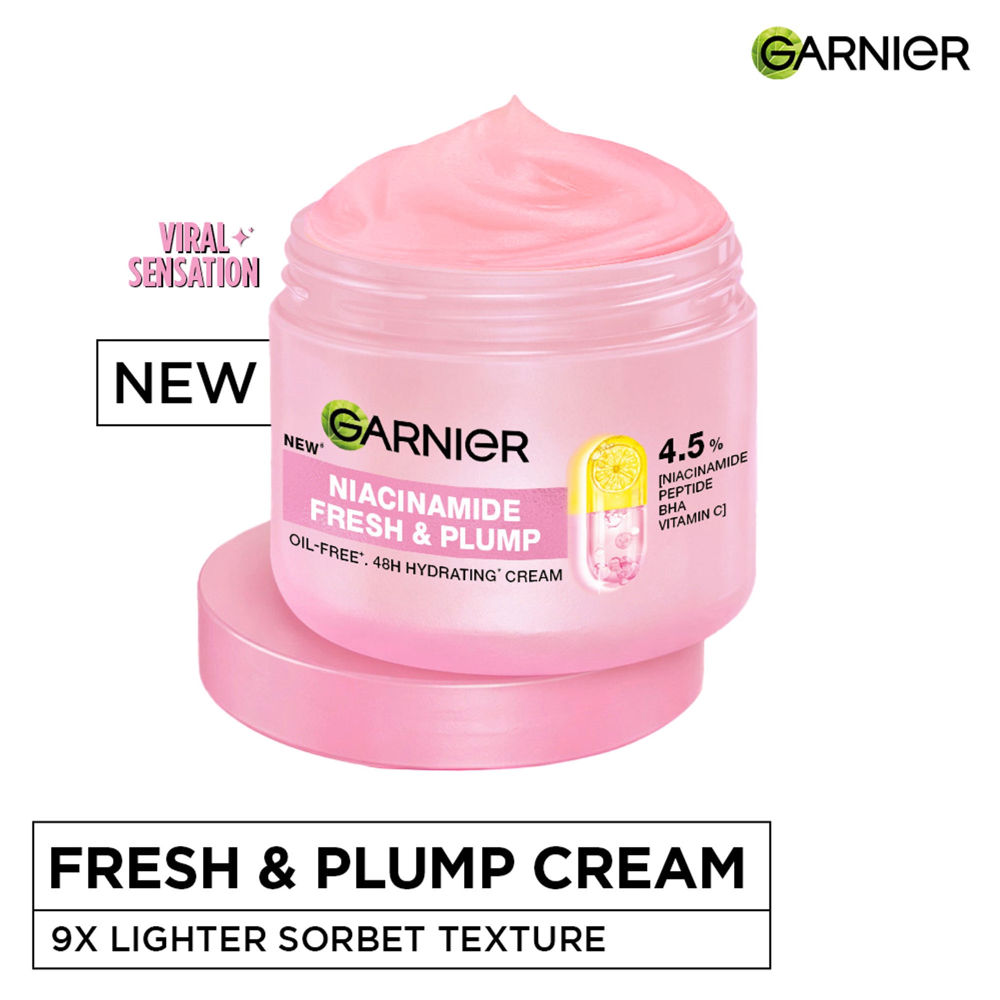 Garnier Fresh & Plump Niacinamide Sorbet Moisturizer, 4.5% Niacinamide Peptide BHA Vitamin C