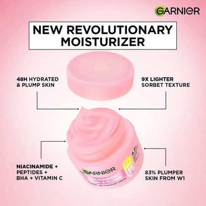 Garnier Fresh & Plump Niacinamide Sorbet Moisturizer, 4.5% Niacinamide Peptide BHA Vitamin C