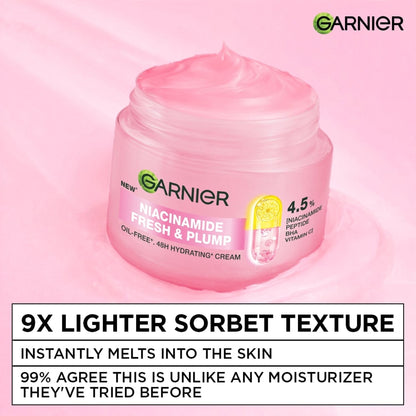Garnier Fresh & Plump Niacinamide Sorbet Moisturizer, 4.5% Niacinamide Peptide BHA Vitamin C