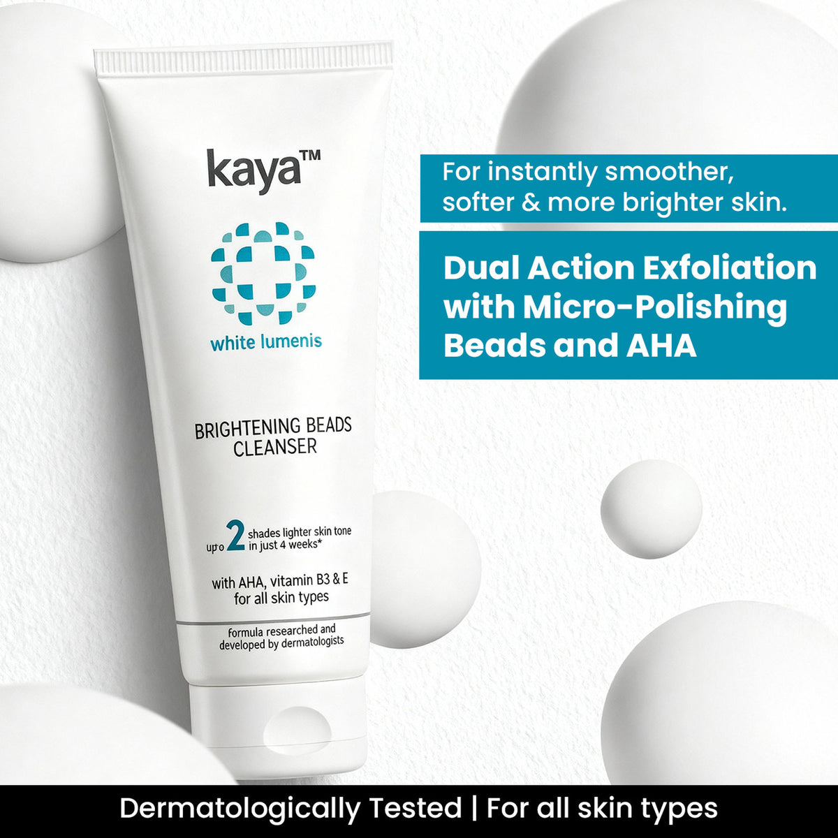 Kaya Brightening Beads Cleanser, with AHA, Vitamin B3 & E for All Skin Types