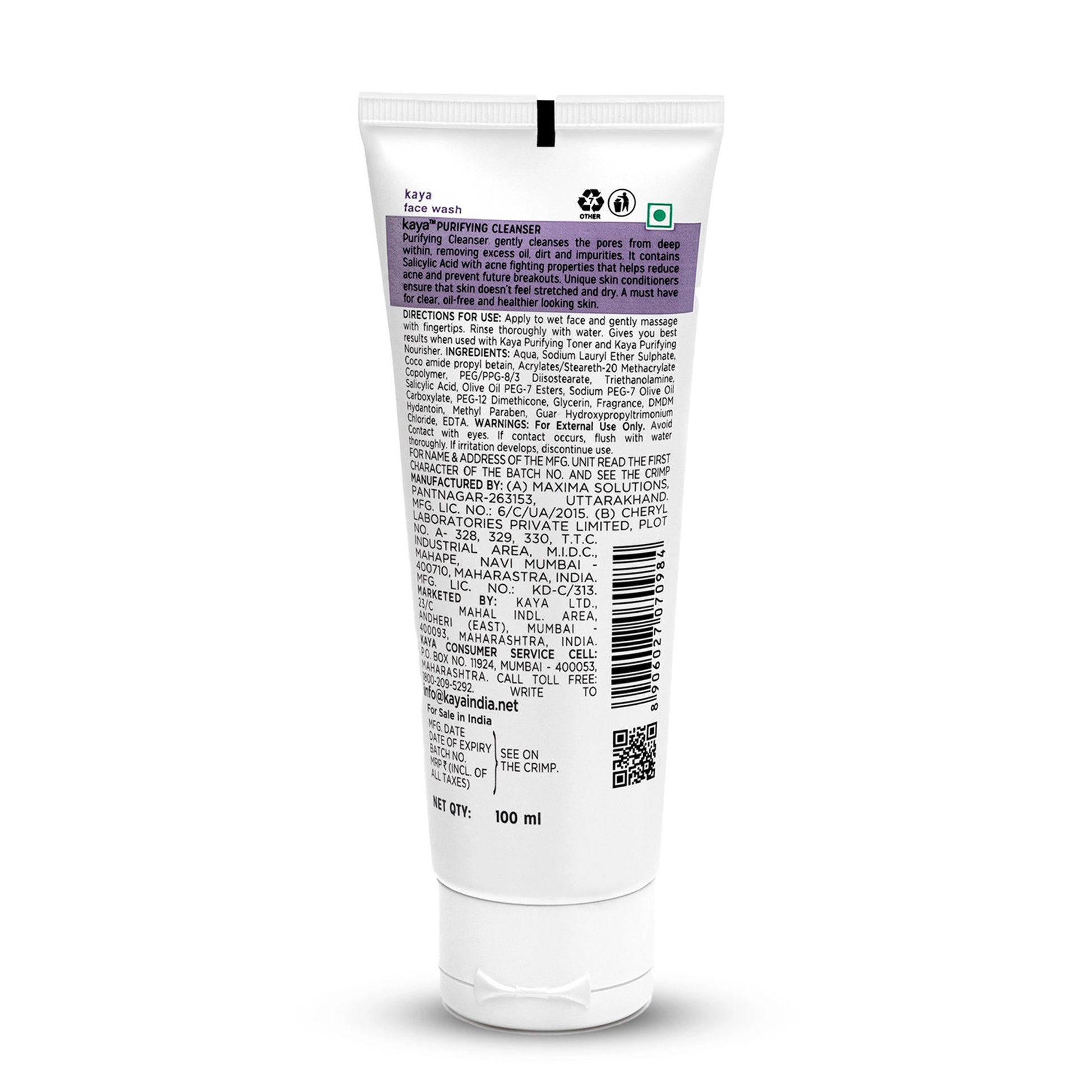 Kaya Acne Care Purifying Cleanser Salicylic Acid Face Wash Reduces Acne & Pimples for Pimple Prone Skin Face Wash for Oily Skin, 100ml