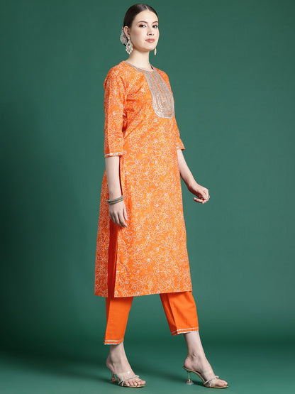 Indyancart IE Women Bandhani Printed Regular Sequinned Pure Cotton Kurta with Palazzos & With Dupatta