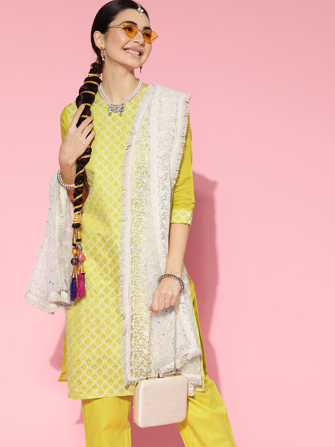Women Olive Green Embroidered Regular Sequinned Chanderi Cotton Kurta with Trousers & With Dupatta