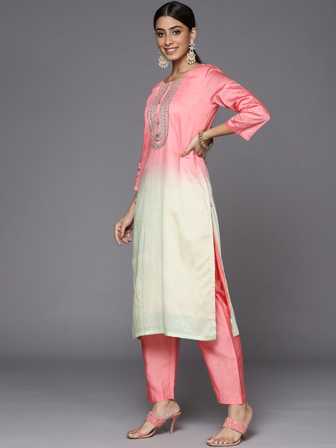 Indyancart VA Women's Pink Ombre Printed Sequinned Kurta with Trousers & With Dupatta