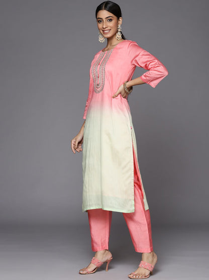 Indyancart VA Women's Pink Ombre Printed Sequinned Kurta with Trousers & With Dupatta