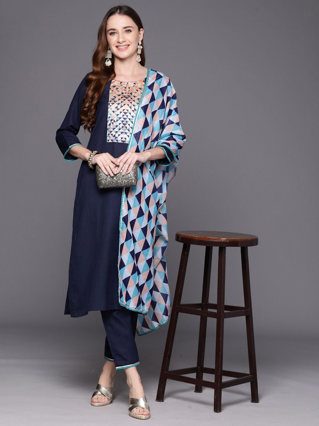 Dhiyona IE Geometric Yoke Design Keyhole Neck Straight Kurta With Trousers & Dupatta
