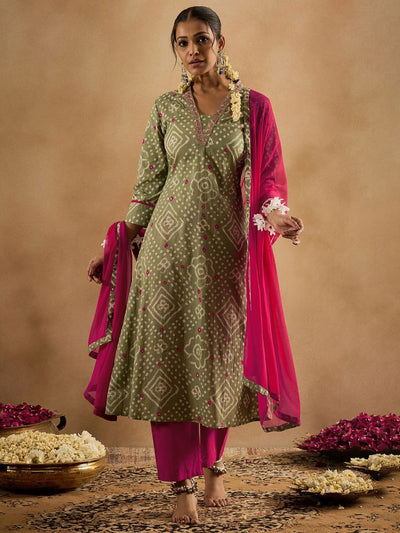 Indyancart IE Bandhani Printed Pure Cotton Kurta With Trousers & Dupatta