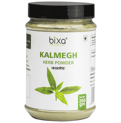 Bixa Botanical Kalmegh Ayurvedic powder in a clear container, showing light brown, finely ground herbal powder on a white background.