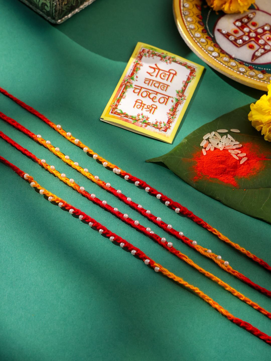 Anouk Set of 4 Pearls Beaded Traditional Thread Rakhi with Roli Chawal Chandan & Mishri