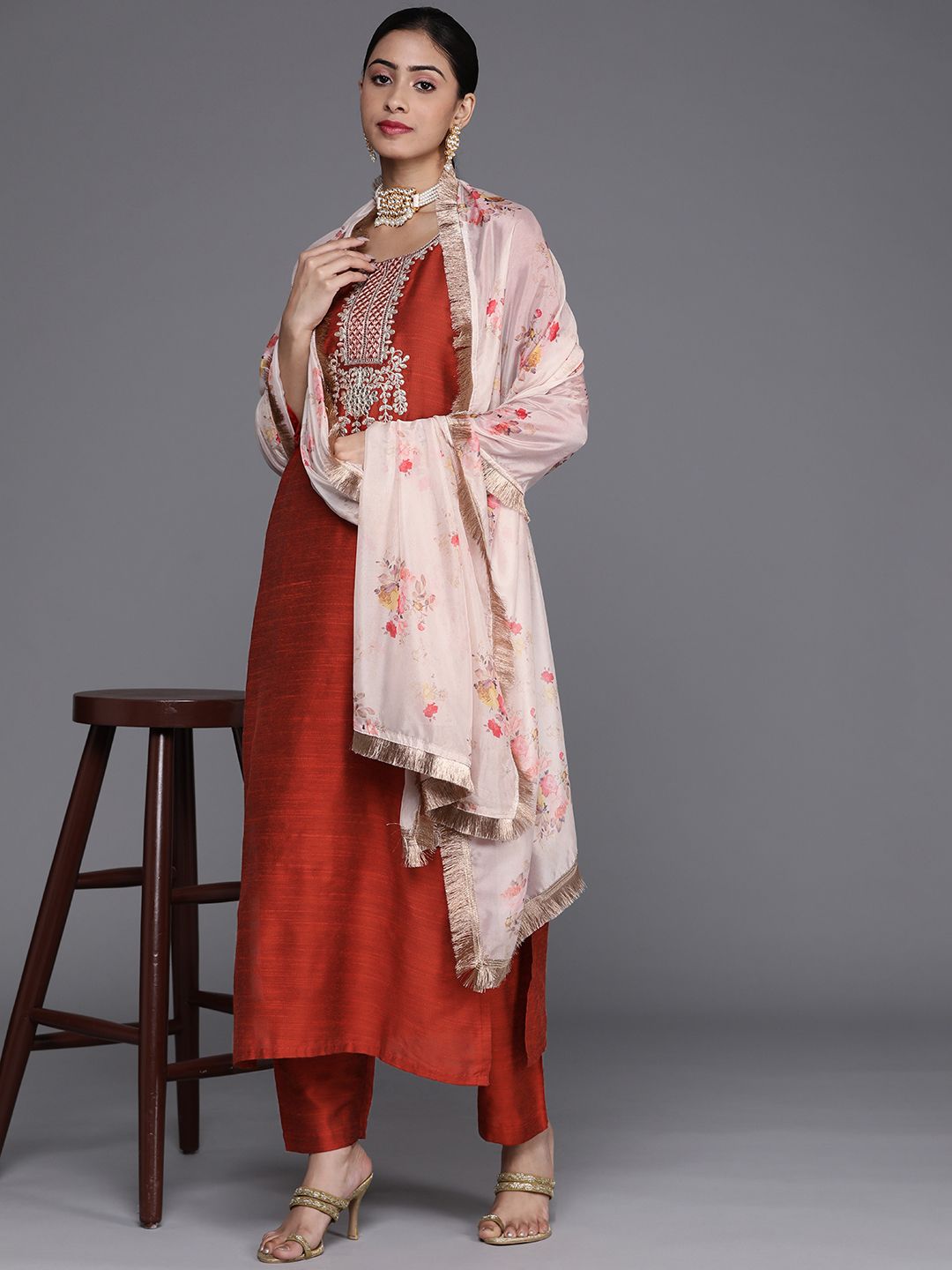 Indyancart VA Women's Rust Ethnic Motifs Embroidered Dupion Silk Kurta with Trousers & With Dupatta