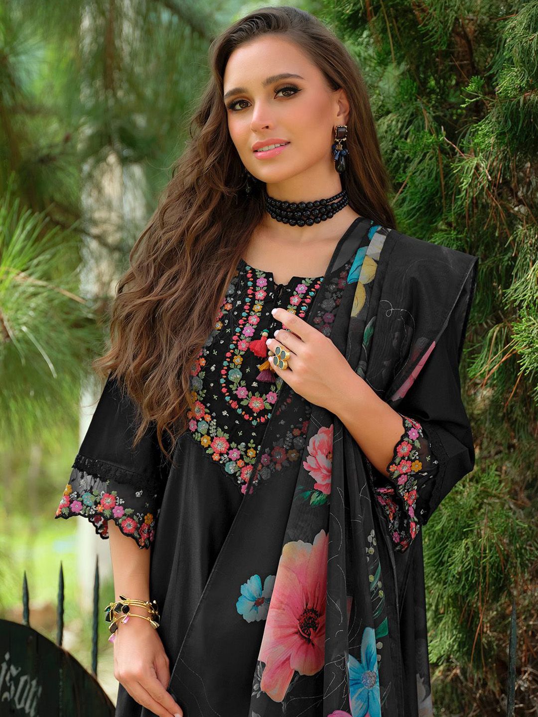 Floral Embroidered Tieup Neck Liva A-Line Kurta With Trousers & Dupatta