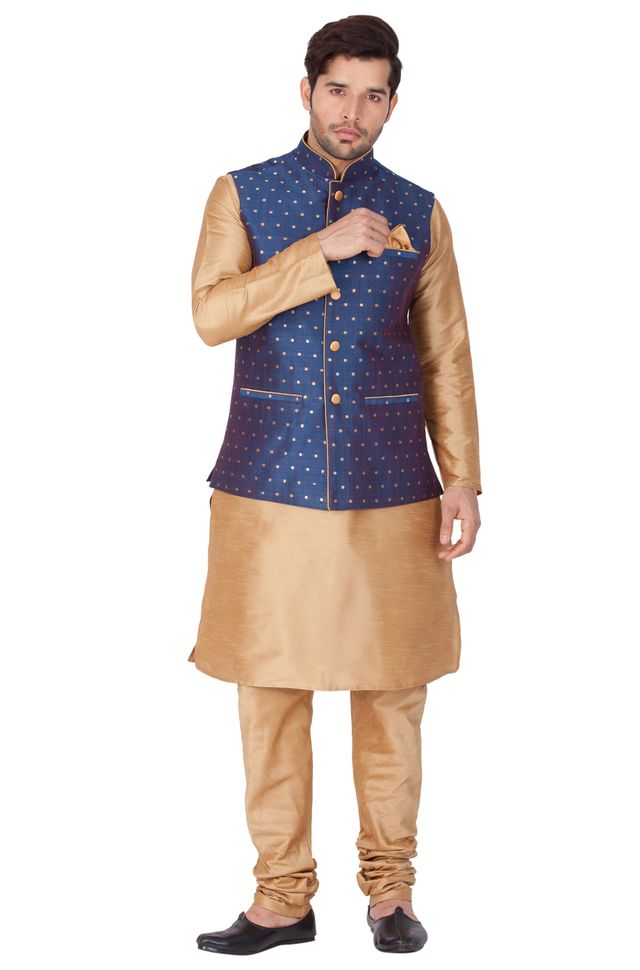 Men's Gold Silk Blend Straight Jacket  Kurta and Pyjama Set