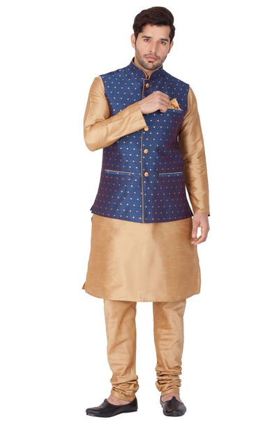 Men's Gold Silk Blend Straight Jacket  Kurta and Pyjama Set