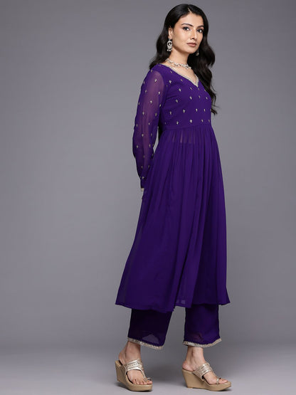 Indyancart VA Embroidered Empire Zari Kurta With Palazzos & Dupatta