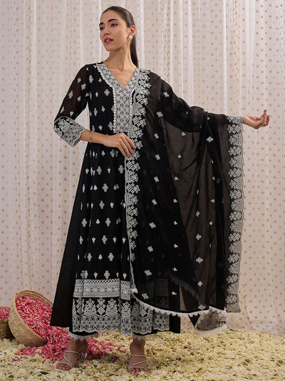 Dhiyona IE Floral Embroidered V-Neck Pure Cotton Straight Kurta with Trousers & Dupatta