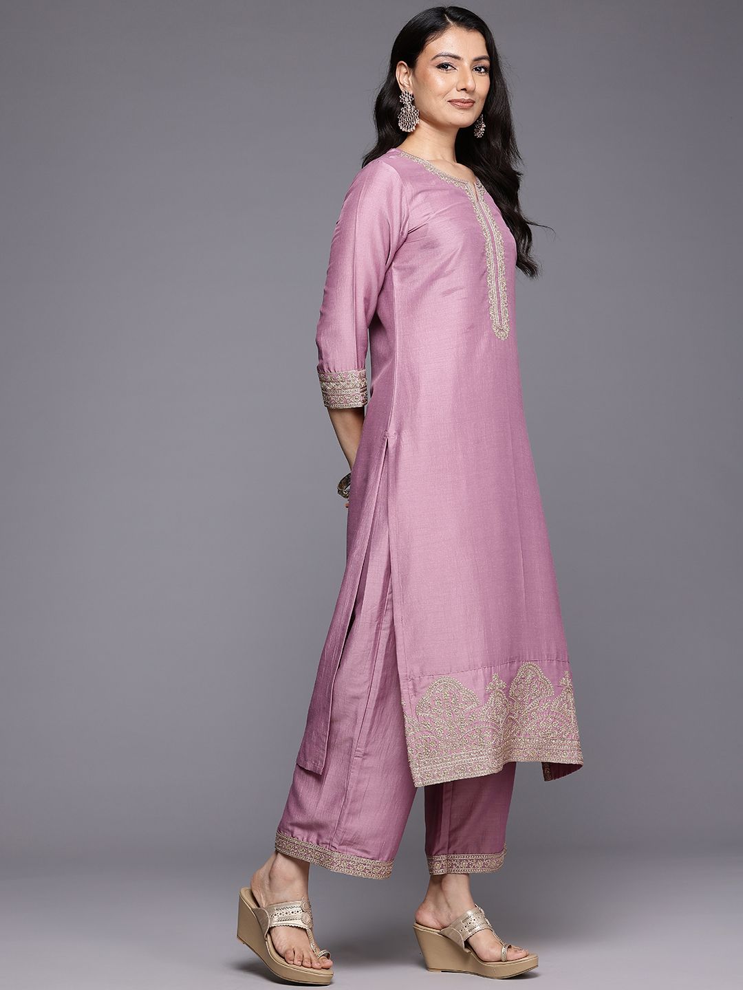Dhiyona VA Women'sEmbroidered Zari Kurta With Palazzos & Dupatta