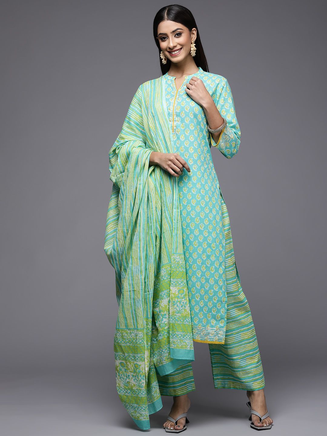 Dhiyona IE Women Blue Ethnic Motifs Printed Pure Cotton Kurta with Palazzos & With Dupatta