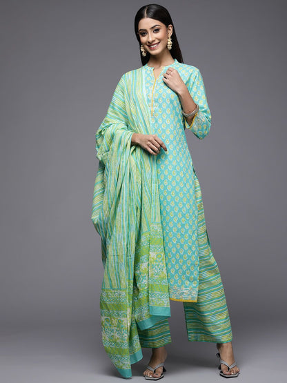 Dhiyona IE Women Blue Ethnic Motifs Printed Pure Cotton Kurta with Palazzos & With Dupatta