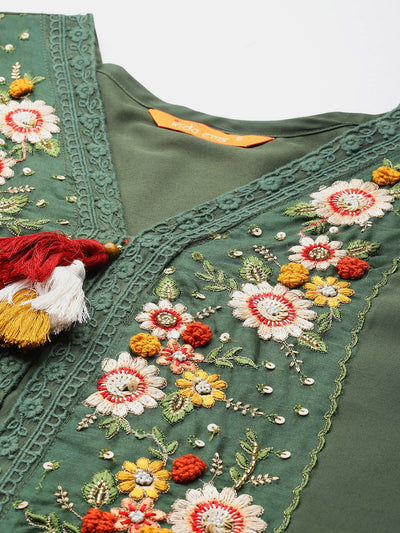 Indyancart IE Women Floral Embroidered Regular Thread Work Kurta With Trousers & Dupatta