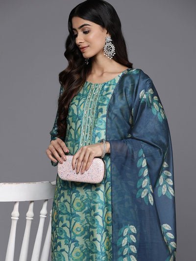 Indyancart VA Women'sSea Green Floral Printed Hand work Kurta with Trousers & Dupatta