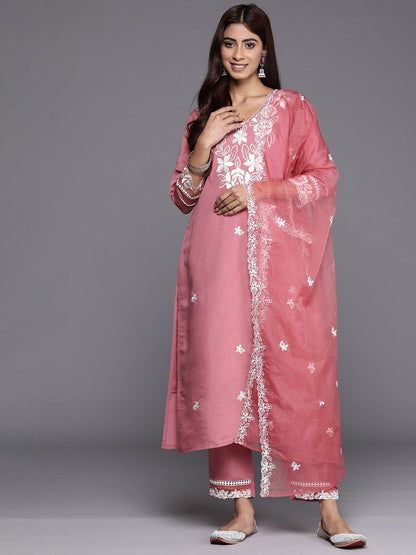 Indyancart IE Women Floral Embroidered Regular Thread Work Kurta with Trousers & With Dupatta
