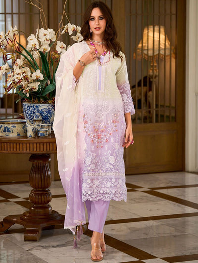 Indyancart IE Floral Embroidered Sequinned Straight Organza Kurta With Trousers And Dupatta