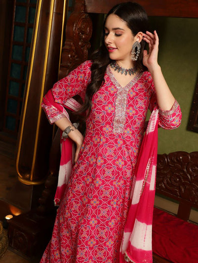Indyancart SN Women's Pink Ethnic Motifs Printed Sequinned Pure Cotton A-Line Kurta Set