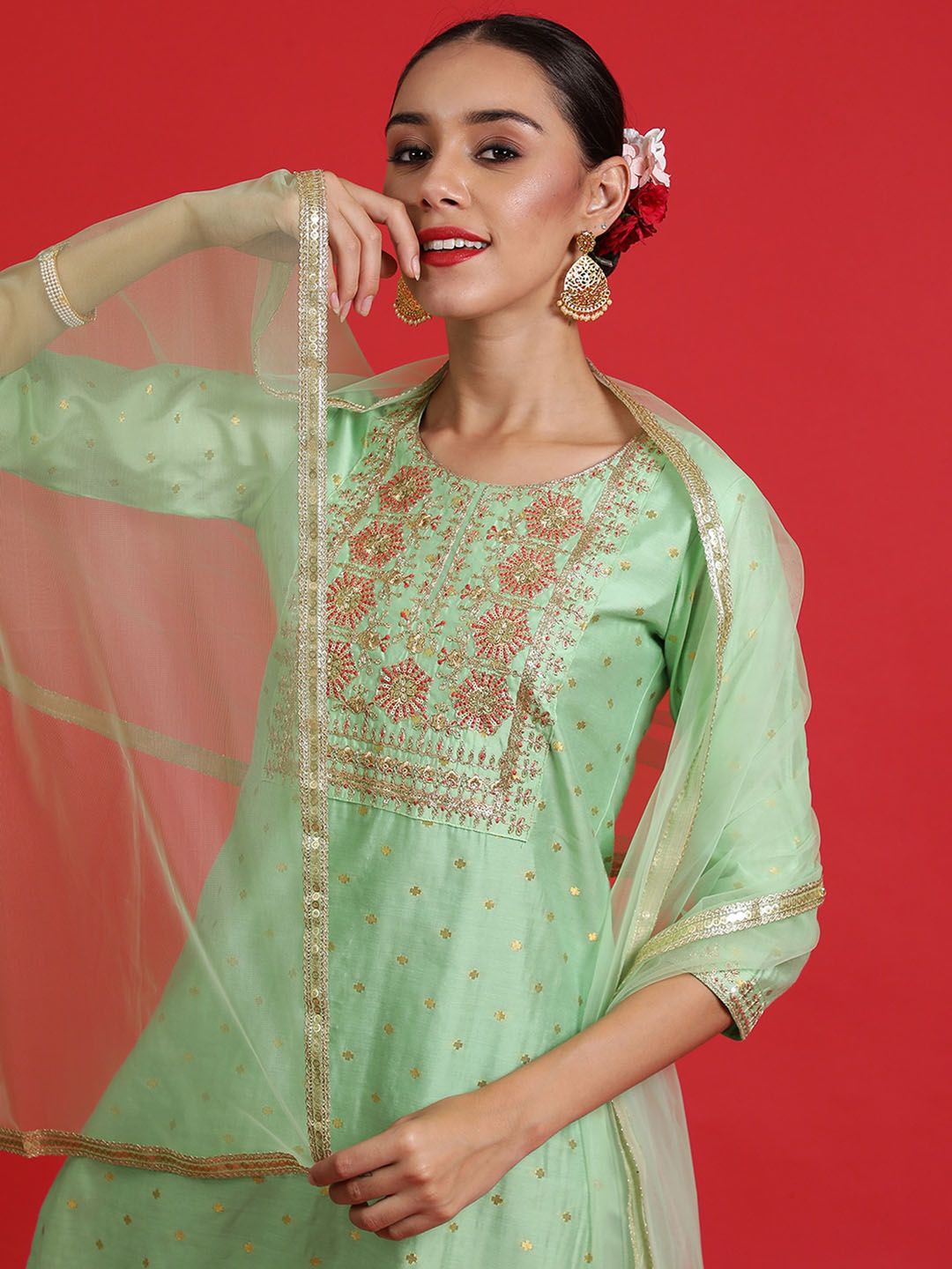 Indyancart IE Ethnic Motifs Embroidered Chanderi Silk Kurta Withth Trousers & Dupattta