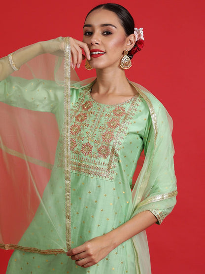 Indyancart IE Ethnic Motifs Embroidered Chanderi Silk Kurta Withth Trousers & Dupattta